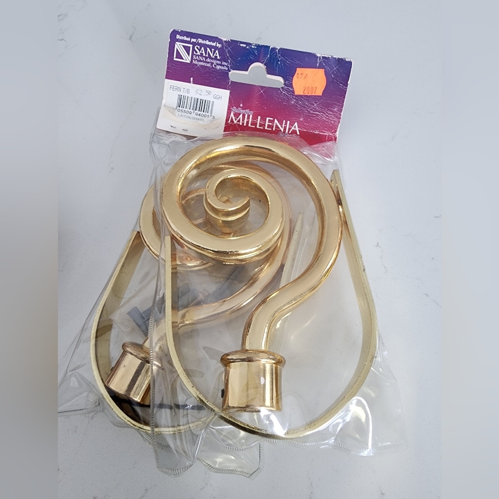 NWT! 2 x Brass Tone Vintage Steel Tie-Back Curtain Holders & End Pieces For Rod